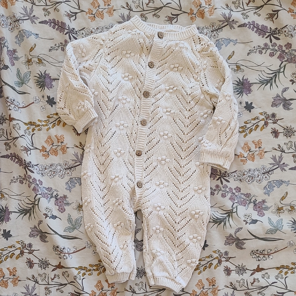 Quincy Mae Cream Knit Baby Romper with Wooden Buttons